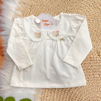 Conj. Batinha Gola Bordada Ursinhas e Calça Legging - Off White e Areia